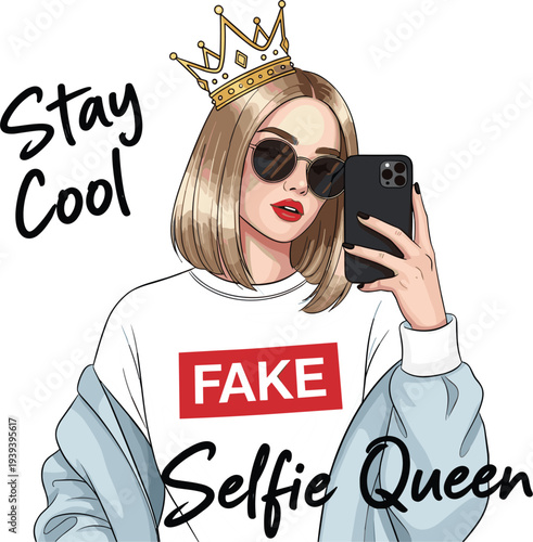 Fashionable young blonde girl taking a mirror selfie wearing a gold crown sunglasses and jacket with stay cool and selfie queen text
