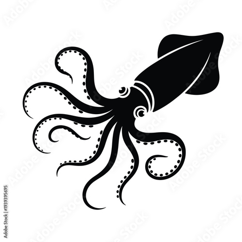 Stylized black and white illustration of a squid with detailed tentacles