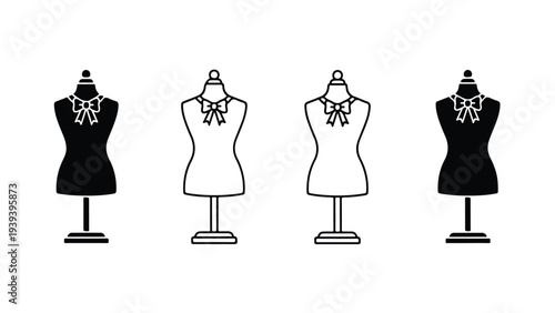 Four dressmaker's mannequins in black and white line art with bows on a plain white background.