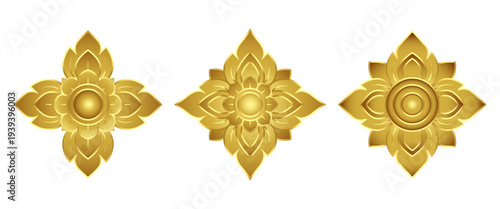 Golden Thai lotus floral ornament set, traditional Lai Thai decorative flower motif elements in luxury Asian temple style isolated design collection