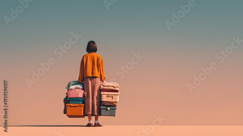 Moving with Bundles: A person navigates a tranquil backdrop, balancing a tower of stacked luggage, evoking themes of journey, change, and the emotional weight of transition. 