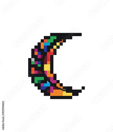 Pixelated crescent moon colorful illustration against black background
