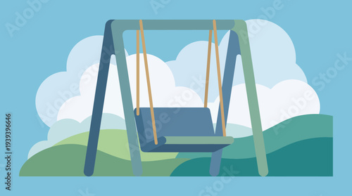 This vibrant illustration of a swing set against a bright blue sky with fluffy clouds evokes feelings of joy and nostalgia, perfect for outdoor play themes.