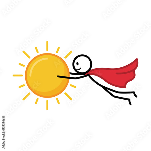 A playful illustration of a stick figure superhero in a red cape, soaring towards the sun, representing hope, positivity, and the power of imagination.