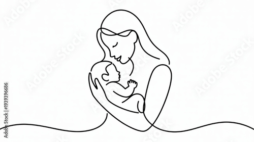 Mother holding newborn baby in arms line art illustration of love and care one continuous line drawing