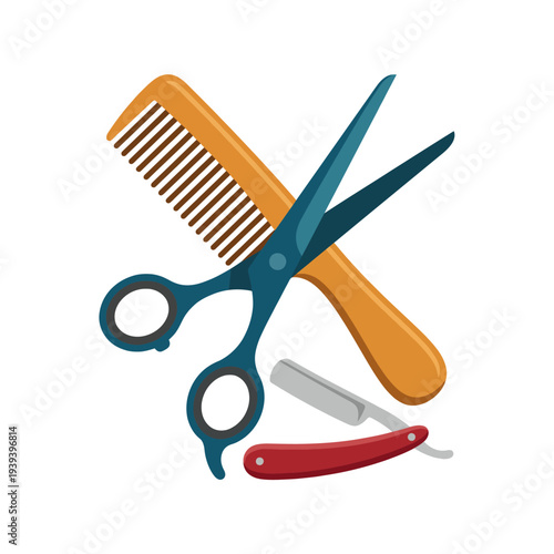 This graphic showcases essential barber tools, including scissors, a comb, and a razor, representing the craft of grooming and hairstyling in a modern barber shop.