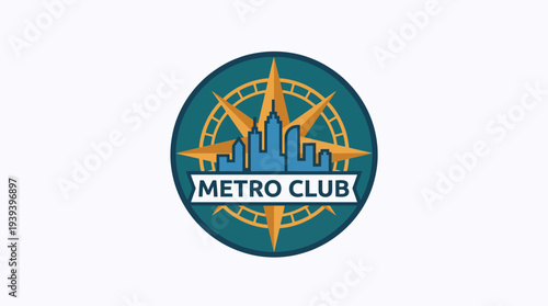 A vibrant logo for 'Metro Club,' featuring an urban cityscape and compass design, capturing the essence of community, entertainment, and metropolitan lifestyle.