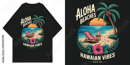 aloha beaches hawaiian vibes since 1987 vintage sunset with palm trees and tropical hibiscus t shirt design vector illustration artwork

