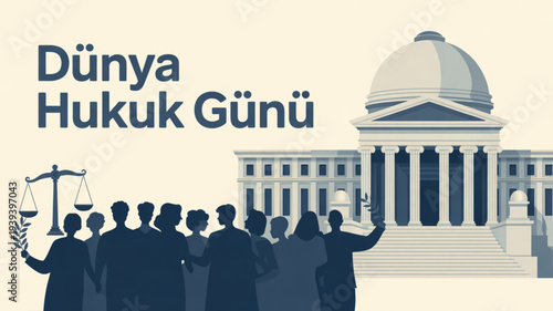 World law day illustration with silhouettes of people and courthouse