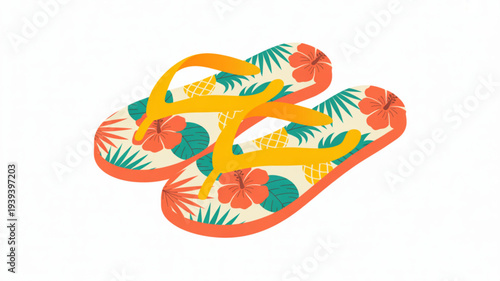 Pair of colorful flip flops with tropical floral pattern and yellow straps on white background ideal for summer vacation and beachwear