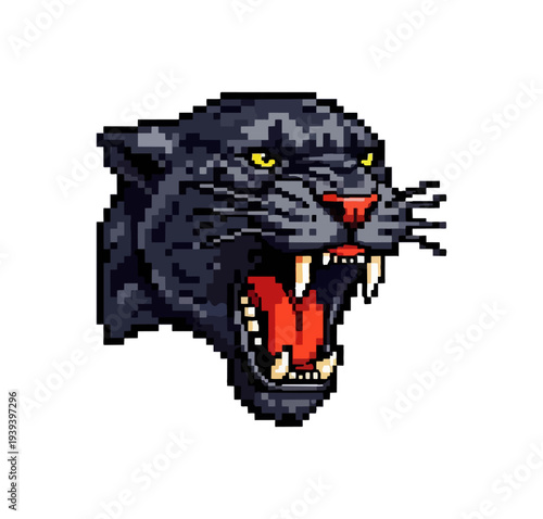 Pixelated panther head roaring on black background