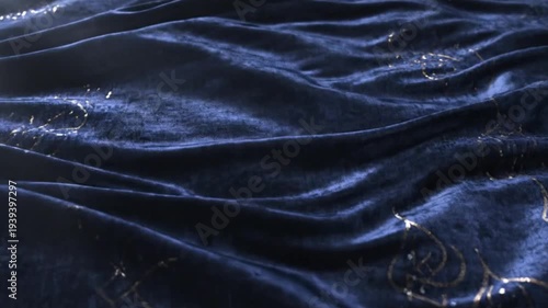 Elegant Navy Blue Velvet Fabric Texture with Luxury Rippled Folds and Shimmering Sparkles, High-End Textile Background for Fashion and Design