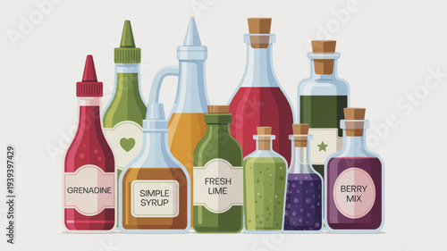 Colorful assortment of labeled condiment bottles on a plain background for culinary or beverage use