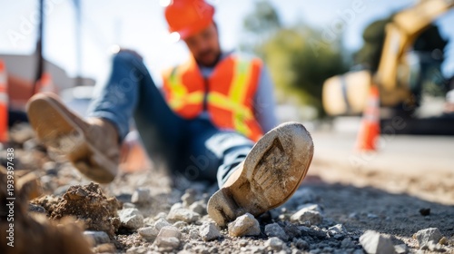 Construction Worker Tripping Over Uneven Ground at Worksite in Daylight Scene