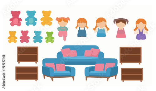 Playroom toy and furniture vector illustration teddy bears dolls couch