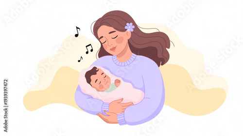 Loving mother singing to her baby peaceful moment with musical notes warm and cozy atmosphere tender scene