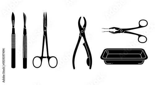 Professional surgical and dental instruments set with scalpel, forceps, tweezers and medical tray silhouettes vector illustration.