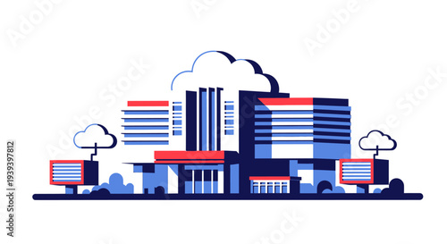 Illustration of a modern building with clouds and billboards