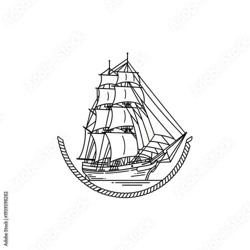 Detailed Line Art Drawing of a Vintage Sailing Ship with Full Sails.