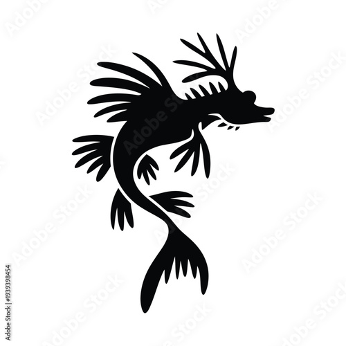 Stylized black silhouette of a leafy seadragon marine fish