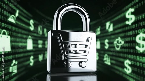 Secure online shopping with padlock and shopping cart on digital currency screen