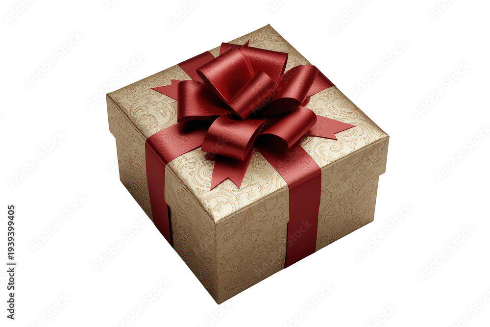 Fototapeta premium Gift box with golden floral pattern and red ribbon, presenting celebration and holiday surprise on transparent background
