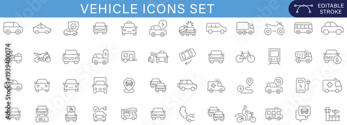 Vehicle icons set transportation transport car truck bus train airplane ship bicycle scooter taxi logistics mobility traffic road travel collection Editable stroke