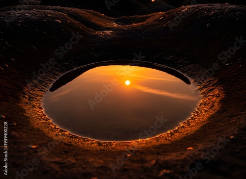 Golden Sunset Reflection in a Water Puddle