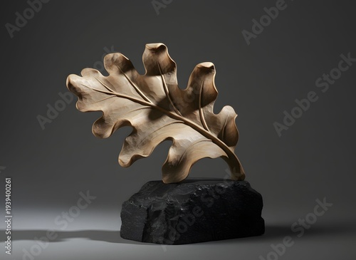 Carved Wooden Oak Leaf Sculpture on Stone Base