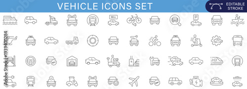 Vehicle icons set transportation transport car truck bus train airplane ship bicycle scooter taxi logistics mobility traffic road travel collection Editable stroke