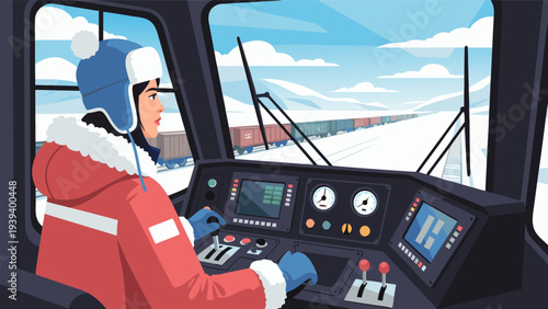 Vector illustration of a woman operating a train in a snowy landscape, showing a winter journey