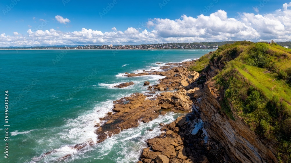 Obraz premium Breathtaking Drone View of Rugged Cliffside and Ocean Waves on a Sunny Day