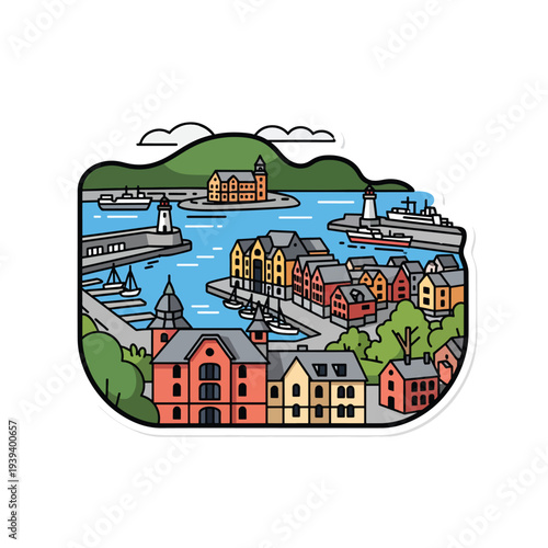 A scenic coastal town with vibrant buildings and boats in the harbor viewed from a slight elevation