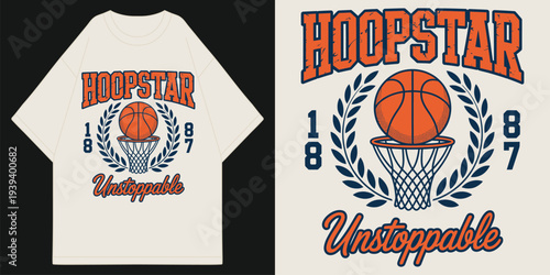 hoopstar unstoppable basketball legends since 1987 vintage varsity collegiate typography with laurel wreath t shirt design vector illustration artwork
