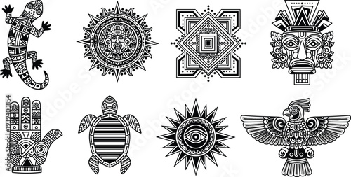 Black and white tribal icon set featuring Aztec sun symbols lizard turtle eagle and ancient mask designs with intricate geometric patterns for cultural branding.