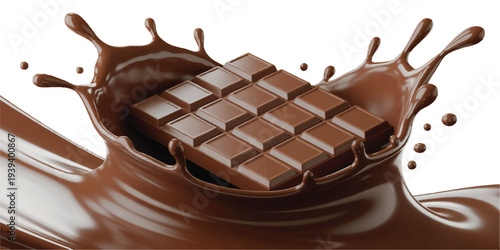 A photorealistic 3D rendering of a dark chocolate bar with milk chocolate splashes and droplets.  