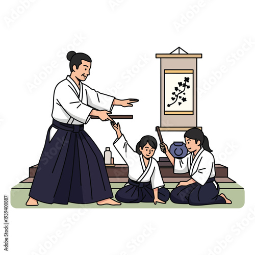 Martial arts instructor guides students through traditional Japanese discipline techniques in a serene dojo setting illustration