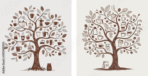 Creative coffee tree illustration collection with cafe icons and espresso equipment for rustic shop branding