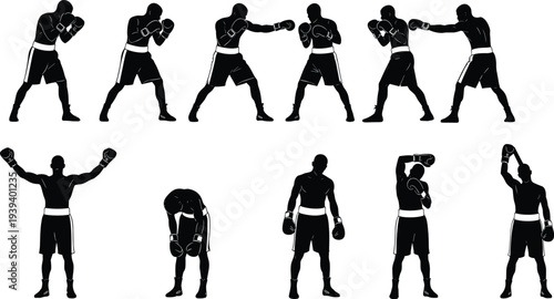 Boxer silhouettes in fighting poses, jabs, crosses, victory celebration, defeat exhaustion, emotional journey, sports theme, vector illustration, artistic design, athletic concept artwork