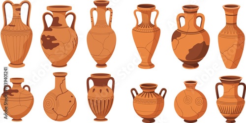 Collection of ancient Greek terracotta amphora and vases with cracked textures for vintage history design