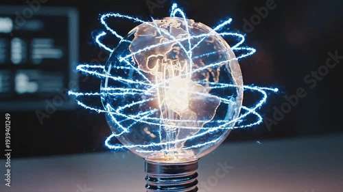 Innovative idea generation process visualized through glowing light bulb with swirling lines in a futuristic setting