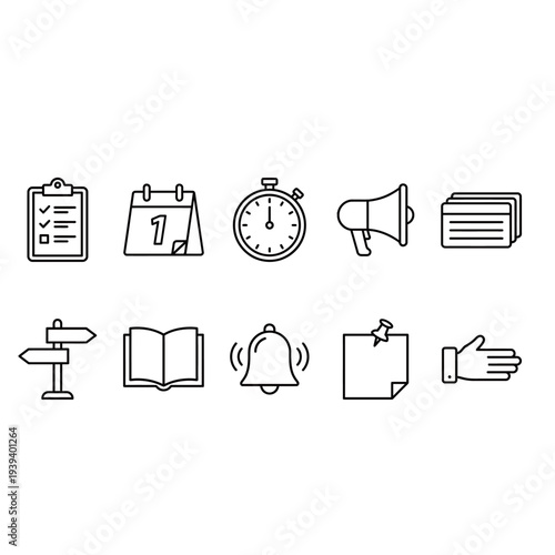 Set of simple line icons representing office and organizational tools on a clean white background