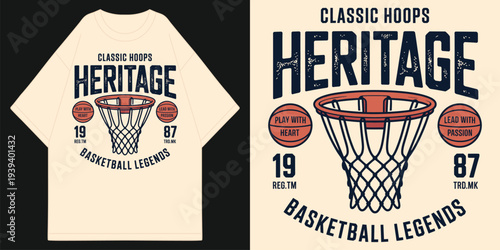 classic hoops heritage basketball legends with hoop net and vintage orange ball aesthetic t shirt design vector illustration artwork
