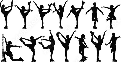 Figure skating silhouettes in dynamic poses, skaters performing moves, balance, flexibility, graceful motion, artistic sport