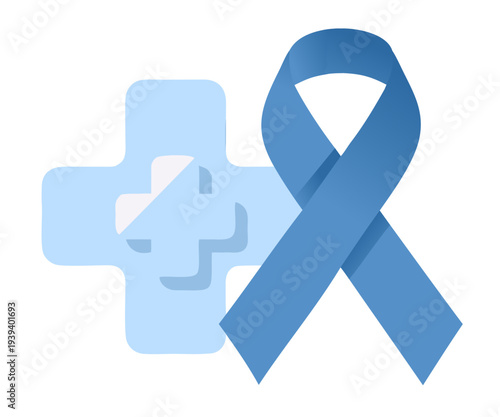 Blue awareness ribbon with medical cross, sticker on transparent background, for awareness campaigns and events