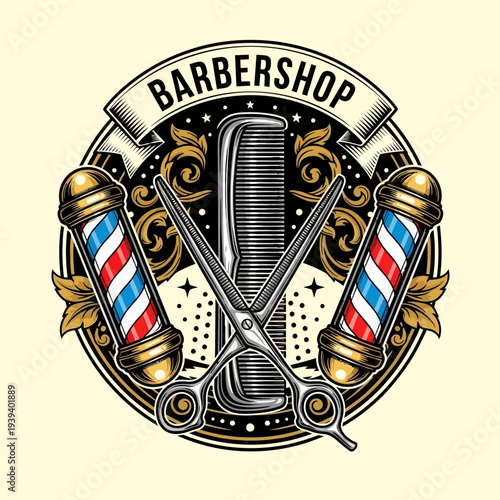Vintage Barbershop Emblem with Classic Tools and Ornate Details.