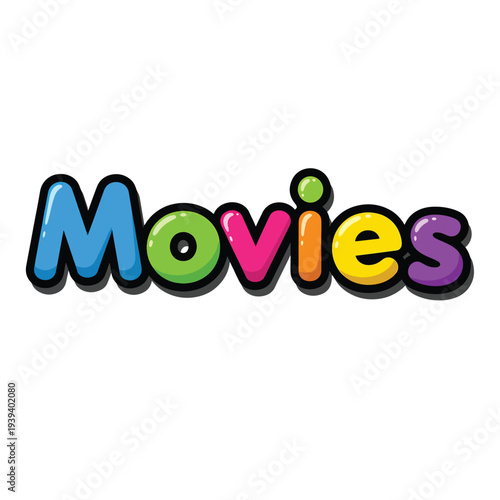 Colorful illustration of Movies text in a playful font style viewed from a straightforward angle