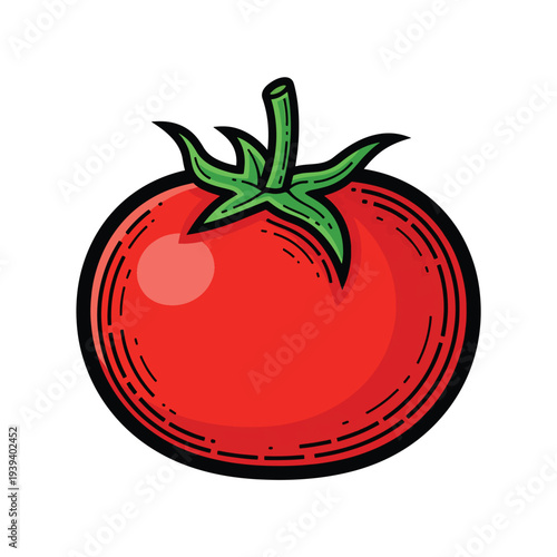 A vibrant red tomato with green leaves on top, illustrated in a graphic style, viewed from the front.