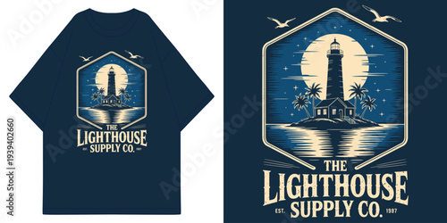 the lighthouse supply co vintage nautical island with moon stars and palm trees aesthetic t shirt design vector illustration artwork
