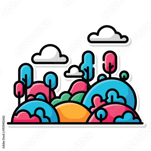 Vector illustration of abstract shapes and clouds in a whimsical landscape viewed from a low angle